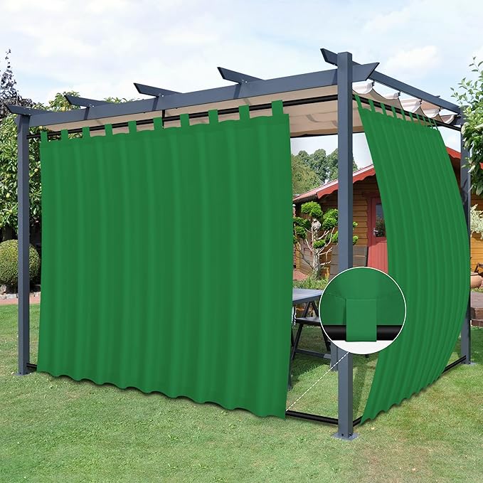 Easy-Going Outdoor Patio Curtains Detachable Tab Top Windproof Weatherproof Curtain for Cabana, Porch, Pergola and Gazebo, Tab Bottom Drape, 2 Panels, 110W x 108L inch, Green