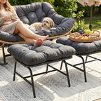 NICESOUL Indoor Outdoor Ottoman Set of 2, Large Wide Double Patio Footstool, PE Rattan Thicken Cushioned Footrest, All-Weather Wicker Furniture for Balcony, Porch, Living Room, Egg Chair, Grey