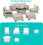 9-Piece Outdoor Patio Furniture Set with 55,000 BTU Fire Pit Table, PE Wicker Rattan Sectional Sofa Patio Conversation Set with Ottomans & Coffee Table, White
