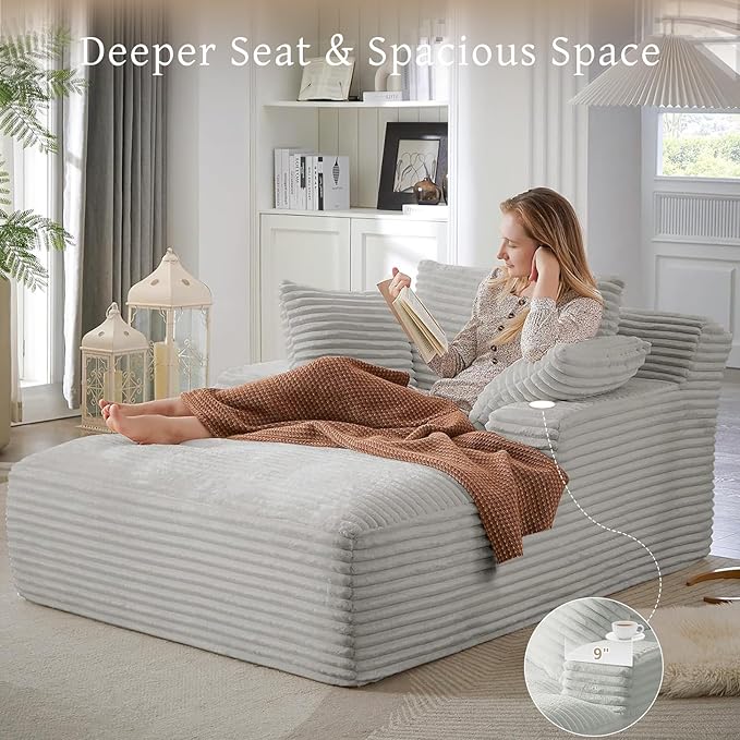 66" Chaise Lounge Chair Indoor, Oversized Boneless Couch Comfy Upholstered Sleeper Sofa Bed with 3 Pillows, Corduroy Cloud Reading Chair for Living Room No Assembly Required, Light Grey
