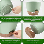 Plant Pots 10/9/8 Inch Self Watering Pots, Set of 3 Plastic Planters with Drainage Holes and Saucers,Plastic Flower Pots,Nursery Planting Pot for Indoor Out Door Plants（Green）