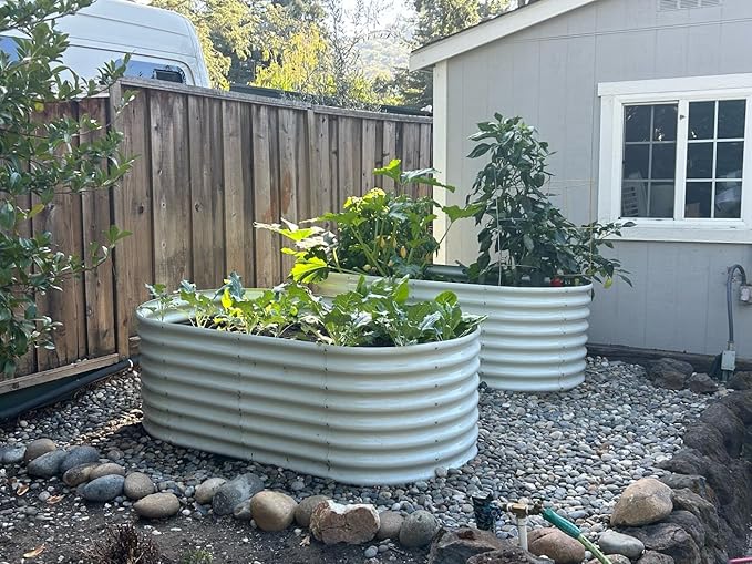 A ANLEOLIFE 6-Set 8X4X2 ft Galvanized Raised Garden Bed Kit, Oval Metal Deep Root Planters for Outdoor Plants, Antique White