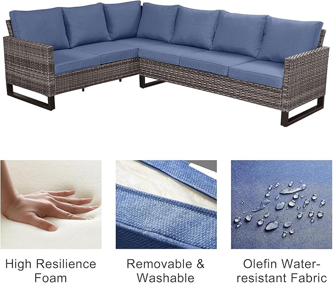Belord Patio Sectional Furniture Set with Fire Pit Table: 8 Pieces Wicker Patio Conversation Set with L Shaped Sofa, Outdoor Swivel Glider Rocker, Rattan Ottomans, Removable Cushions Blue