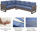 Belord Patio Sectional Furniture Set with Fire Pit Table: 8 Pieces Wicker Patio Conversation Set with L Shaped Sofa, Outdoor Swivel Glider Rocker, Rattan Ottomans, Removable Cushions Blue