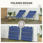 Outsunny 2 Piece Folding Chaise Lounge Chairs, Pool Sun Tanning Chairs with Reclining Back, Breathable Mesh Seat, Headrest for Beach, Yard, Patio, Dark Blue