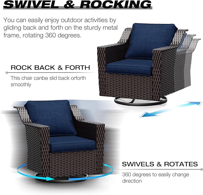 Joyside Wicker Patio Furniture Sets, 9 Pieces Upgraded Large Size Outdoor Furniture with 4 Swivel Rocking Patio Chairs, 3-Seat Sofa, Outdoor Ottoman, Thick Cushions, Wide Armrest, Blue