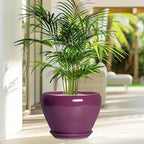 10 Inch Plant Pot - Ceramic Planter with Drainage Hole and Saucer, Round Modern Flower Pot for Indoor Outdoor Plants, Housewarming Gift, Home Garden Decor, Purple