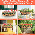 Riare 3 Pack 24 Inch Metal Railing Planter Window Box with Coco Liner- Adjustable Window Flower Boxes for Railings, Hanging Rail Planters for Deck, Balcony, Porch, Fence, Indoor Outdoor Plants
