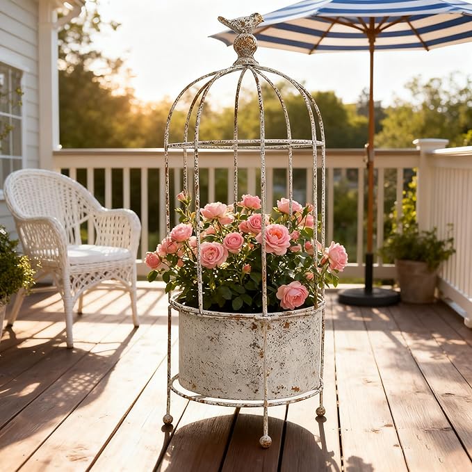 Planter: White Metal Birdcage Design, Rustic Style, 21.7 Inches Tall