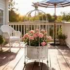 Planter: White Metal Birdcage Design, Rustic Style, 21.7 Inches Tall