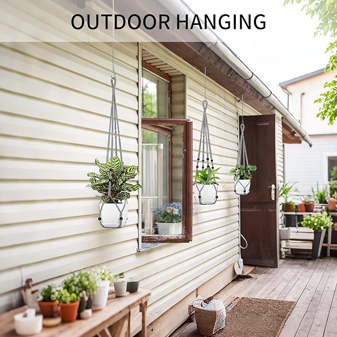 Macrame Plant Hanger - Fits 4 to 15 inches Pots for Indoor Outdoor, 43"/35"/29" Different Sizes Set, Gray (POTS NOT Included)