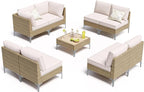 9-Piece Patio Furniture Set, Outdoor Wicker Sectional Sofa with Coffee Table, Anti-Slip & Thick All-Weather Cushions for Sunroom,Garden,Backyard, Beige