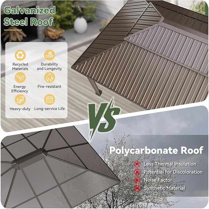 Aoxun 20x12 Gazebo Outdoor Hardtop Gazebo with Double Galvanized Steel Roof, Metal Frame Pavilion with Breathable Netting and Privacy Curtain for Backyard (Brown)