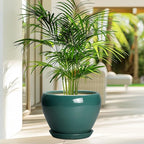 Ceramic Planter for Indoor Plants 10 Inch - Ceramic Plant Pot with Drainage Hole and Saucer, Glaze Round Modern Decorative Planter, Plant Lover Gifts, Home Room Office Decor, Green
