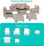 9-Piece Outdoor Patio Furniture Set with 55,000 BTU Fire Pit Table, PE Wicker Rattan Sectional Sofa Patio Conversation Set with Ottomans & Coffee Table, Sand
