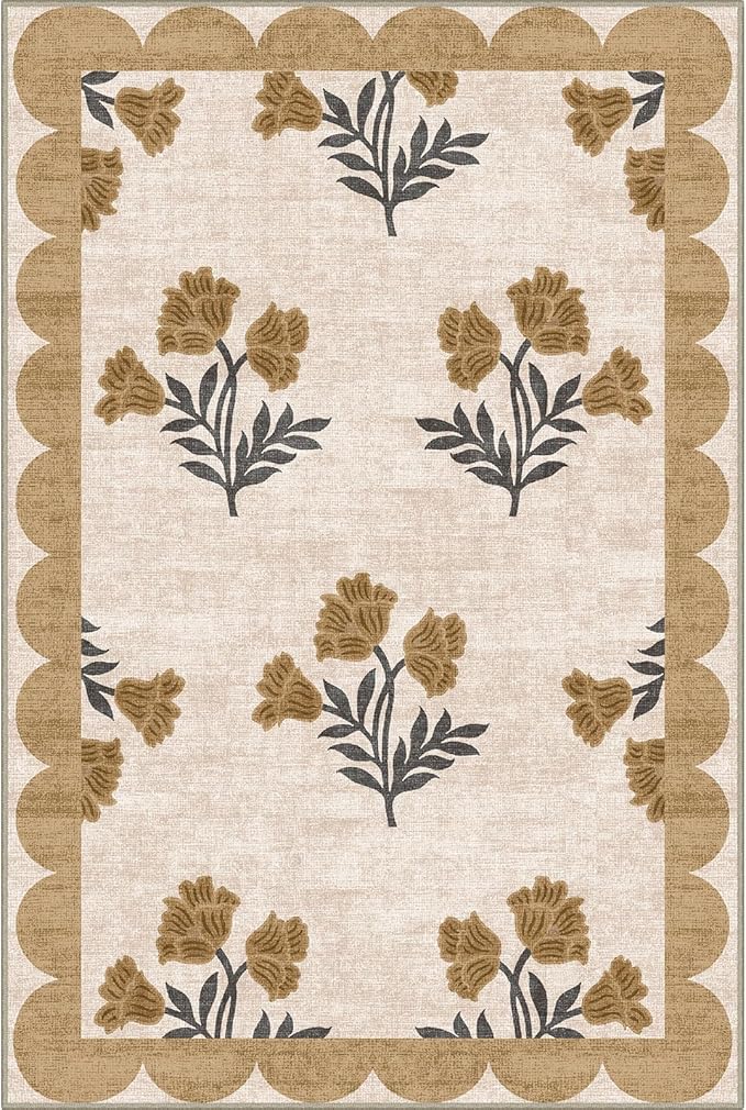 Outdoor Rug, 2 x 3 ft Floral Scalloped Edge Entry Mat in Beige