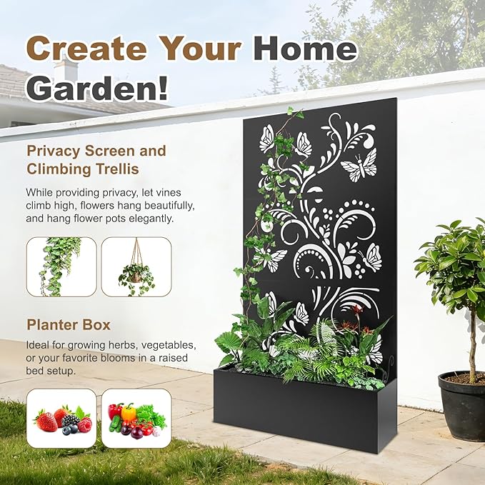 Metal Raised Garden Bed with Trellis & Privacy Screen, 71"x40"x11.8" Galvanized Freestanding Planter Box for Patio Balcony, Modern Planter with Drainage for Climbing Plants, Flowers & Vegetable