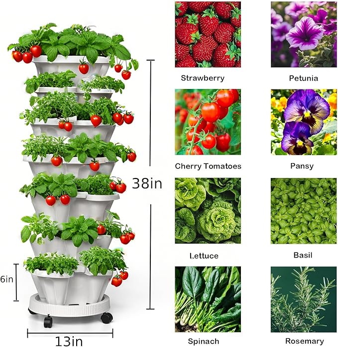 Strawberry Planters, 7 Tiered Vertical Stackable Planter, Herb Stacking Tower Garden, Flower Vegetable Planters with Support Pole, Indoor & Outdoor with Removable Wheels - White