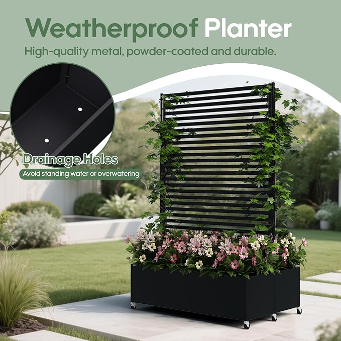 Raised Garden Bed Metal Planter with Trellis, Wheels, Black