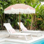 AMMSUN Boho Fringe Umbrella Outdoor Patio, 6.5ft UPF50+ Picnic Umbrella with Tassels with Steel Pole and Push Button Tilt, Pink Stripe