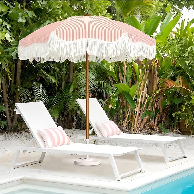 AMMSUN Boho Fringe Umbrella Outdoor Patio, 6.5ft UPF50+ Picnic Umbrella with Tassels with Steel Pole and Push Button Tilt, Pink Stripe