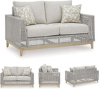 Signature Design by Ashley Seton Creek Cottage Nuvella Weather Resistant Fabric Outdoor Loveseat with Cushion and 2 Throw Pillows, Light Brown & Light Gray