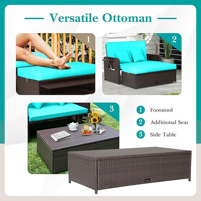 Tangkula Patio Rattan Daybed with 4-Level Adjustable Backrest, Outdoor PE Wicker Loveseat with Storage Ottoman & Folding Side Tray, Double Sunbed Lounger for Balcony, Backyard & Poolside, Turquoise