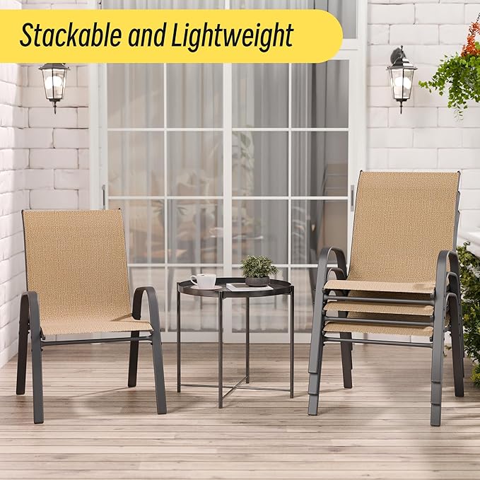 Betterhood Patio Chairs Set of 4, Stackable Outdoor Dining Chairs Set with Breathable Seat Fabric, All-Weather Powder-Coated Metal Frame for Deck, Pool Side and Backyard, 350LBS Capacity (Khaki)