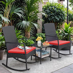 Greesum 3 Pieces Patio Furniture Set Outdoor Wicker Rocking Chairs with Glass Coffee Table for Garden Backyard Porch Poolside, Red