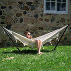 Vivere Double Cotton Hammock with Space Saving Steel Stand, Upgraded Polyester End Strings 450 lb Capacity - Premium Carry Bag Included - USA Grown Cotton (Natural)