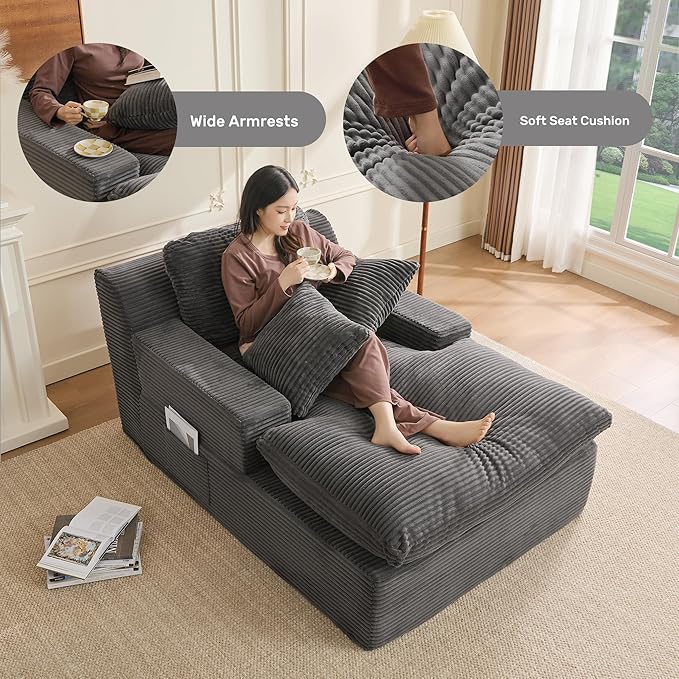 63" Chaise Lounge Chair Indoor, Set of Convertible Sleeper Sofa Couch with Throw Pillows & Side Pockets, Corduroy Upholstered Oversized Sofa Bed with Armrests for Living Room Bedroom, Grey