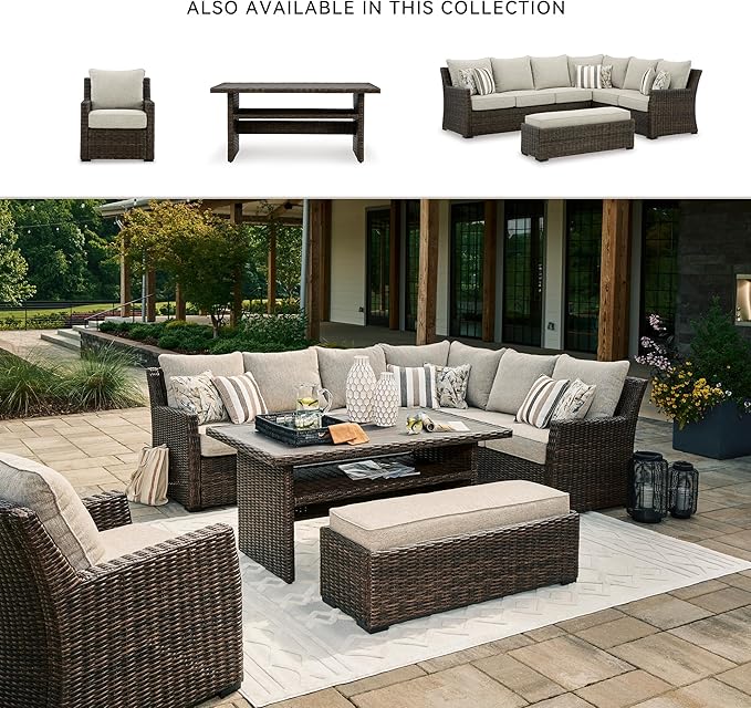 Signature Design by Ashley Brook Ranch Casual Nuvella Weather Resistant Fabric Right Hand Facing Outdoor Sofa Sectional/Bench with Cushion and 6 Throw Pillows, Set of 3, Beige & Dark Brown