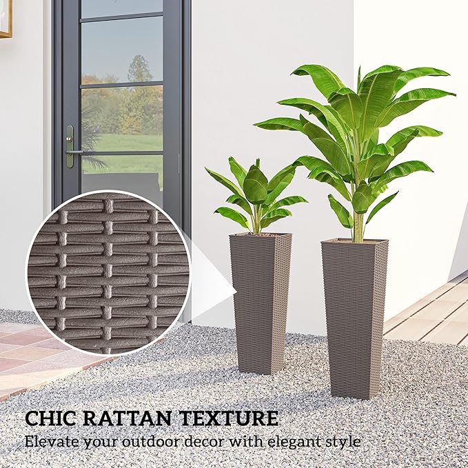Outsunny 23.6 Inch Tall Planters for Outdoor Plants, Set of 2 Plastic Rattan-Like Flower Pots with Drainage Holes, Stackable Tapered Planters for Indoor Plants, Front Porch, Brown