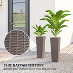 Outsunny 23.6 Inch Tall Planters for Outdoor Plants, Set of 2 Plastic Rattan-Like Flower Pots with Drainage Holes, Stackable Tapered Planters for Indoor Plants, Front Porch, Brown