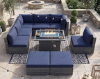 NICESOUL 9 Piece Oversized Outdoor Patio Furniture Set, 29.3'' High Back Comfy Sectional Sofa Set with Firepit Natural Gas & Propane, Deep Seating Conversation Couches, 2 Color Cushion Navy & Gray