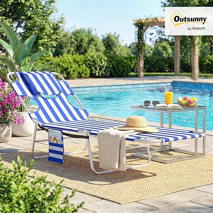 Outsunny Chaise Lounge Chair Outdoor with Face Arm Hole, 5-Position Reclining Face Down Tanning Chair with Carry Strap, Side Pocket, Portable Folding Bed Cot for Patio Beach Pool, Blue Stripe