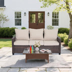 Rattan Outdoor Sofa 3-Seater - PE Woven Patio Couch with Waterproof Blue Cushions, Heavy-Duty Steel Frame for Garden, Poolside Outdoor Wicker Furniture-Beige