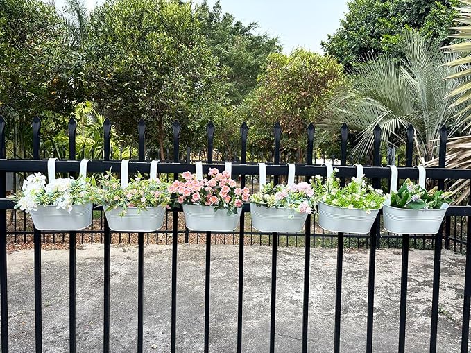 10" Hanging Flower Pots, Pack of 6 White Metal Outdoor Patio Balcony Planter, Railing Planters Fence Pot with Detachable Hook & Drainage Hole for Small Plants (White, 6Pcs)