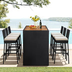Yaheetech 7 Piece Patio Dining Set Outdoor Acacia Wood Bar Table and Chairs with Removable Cushions, Wicker Furniture Set for Deck, Backyard, Garden, Black/Beige