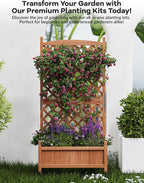 GarveeLife 1PC Wood Planter Box with Trellis - 29.5"x26"x61.5" Tall Raised Garden Bed with Wheels, Drainage Holes, Vertical Flower Stand for Patio Horticulture
