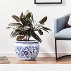 Red Lantern 16" Floral Blue & White Porcelain Fishbowl Planter