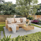 3-Piece L-Shaped Patio Furniture Set - Weather Resistant Wicker Sectional Sofa with Thick Cushions & Coffee Table for Small Spaces (Yellow/Beige)