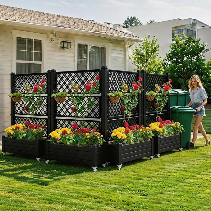 YITAHOME 43.3x17.7x61 in Planter Trellis Box with Wheels & Drain Plug, Outdoor Resin Raised Garden Bed for Climbing Plants, Large Weather-Resistant Design, Black