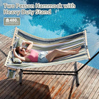 Two Person Hammock with Stand for Outside Heavy Duty, Outdoor Patio Hammock with Portable Steel Stand, Large Double Hammocks,480lbs Capacity.(Grey Stripes)