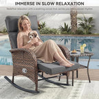 Zero Gravity Patio Rocking Wicker Recliner Chairs Set of 2- Wicker Outdoor Lounge Chair with Adjustable Backrest & Footrest, All Weather Reclining Rocker Chairs with Thick Cushion for Pool Deck Grey