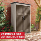 Rubbermaid Vertical Resin Outdoor Storage Shed With Floor (4 x 2.5 Ft) Weather Resistant Brown Organization for Home/Backyard/Garden Tools/Porch/Patio Cushions/Pool Chemicals/Toys