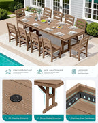 SERWALL 11 Piece Outdoor Dining Set, 84" HDPE Outdoor Large Dining Table and Chairs Set for 10，All Weather Patio Dining Furniture Set with Umbrella Hole for Backyard, Garden, Brown