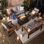 Aoxun Aluminum Outdoor Patio Furniture Set, 8-piece Outdoor Sectional with 44'' Propane Gas Firepit Table, Patio Conversation Sets with Upgraded Armrests and Cushions for Backyard, Garden and Poolside