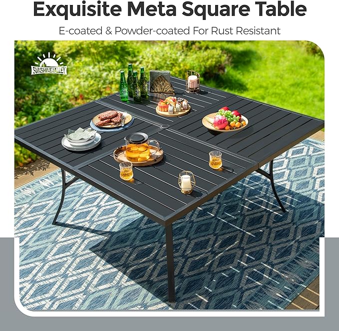 Patio Dining Set for 8, 60" x 60" Square Metal Table with Umbrella Hole, 8 x Stable Brown Dining Chairs, Outdoor Table and Chairs Set for Lawn Backyard and Deck