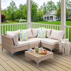 5-Piece Patio Furniture Set, Outdoor Wicker Sectional Sofa with Coffee Table, Anti-Slip & Thick All-Weather Cushions for Party, Garden, Backyard, Beige